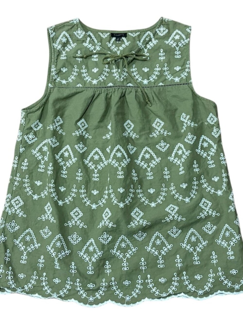 Talbots Embroidered Olive Green Sleeveless Linen Blend Top Sz Large
